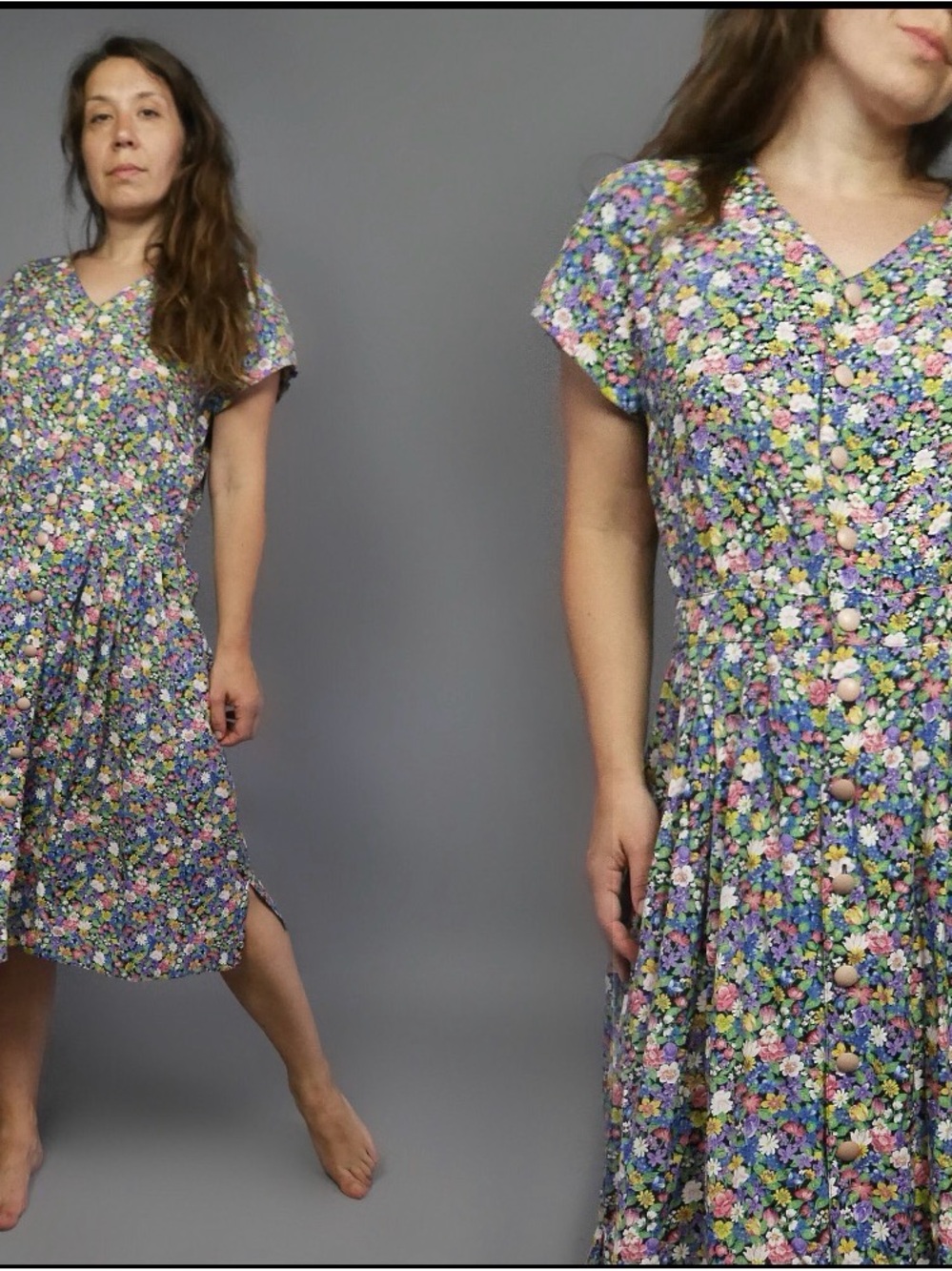 Vintage 1980!s does 40's Rayon Floral Button-Front Shirtwaist Midi Dress L/XL